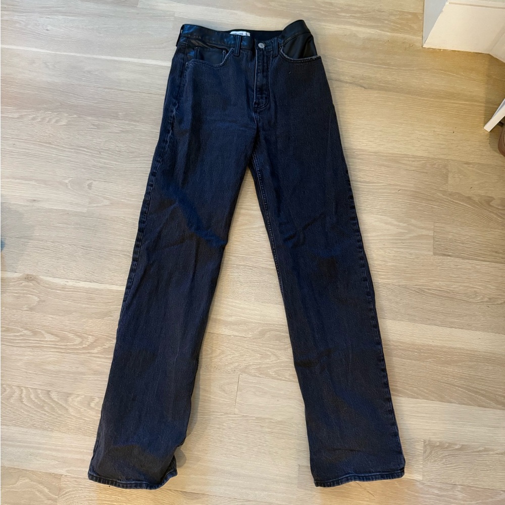 Black Abercrombie & Fitch jeans with cool leather top detail #leatherpants